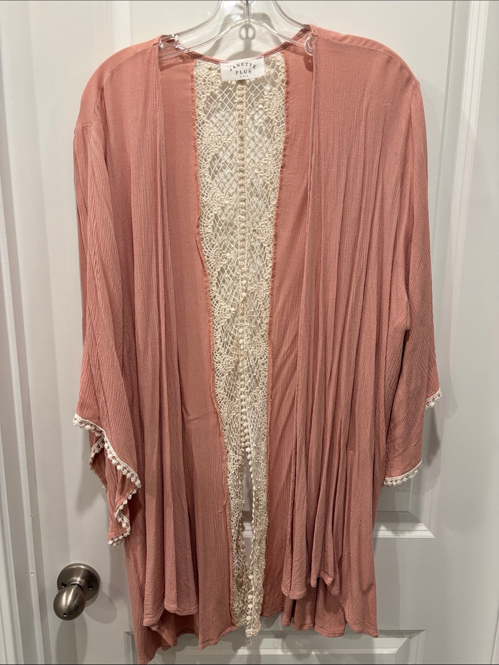 Janette Plus Dusty Rose Open-Front Crochet-Trim Kimono